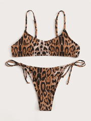 Leopard Spaghetti Strap Top With Tie Side Bikini