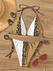 Contrast Leopard Halter Top With Tie Side Bikini Set