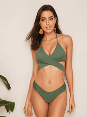 Wrap Halter Top With Cheeky Bikini Set