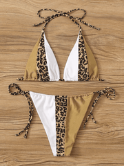 Contrast Leopard Halter Top With Tie Side Bikini Set